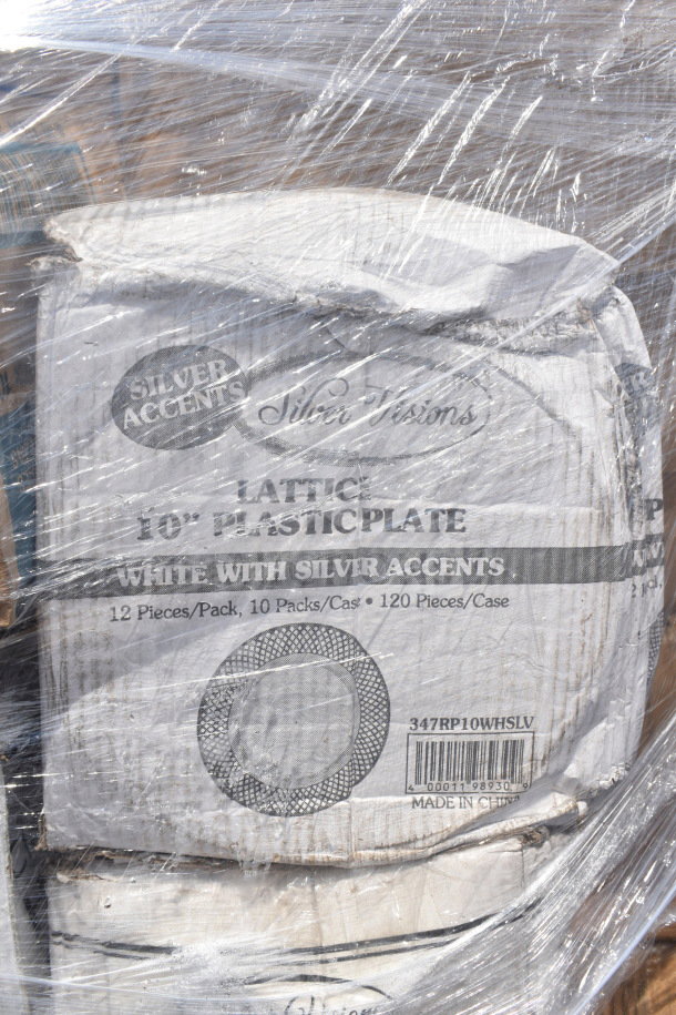 Packaged 10" plastic plates by Silver Visions, white with silver accents, 12 pcs/pack, 10 packs/case. Made in China.
