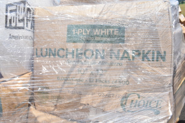 Packaged items labeled "1-Ply White Luncheon Napkin, 10x12", 6000/case." Includes lids, napkins, plates, containers. New condition.