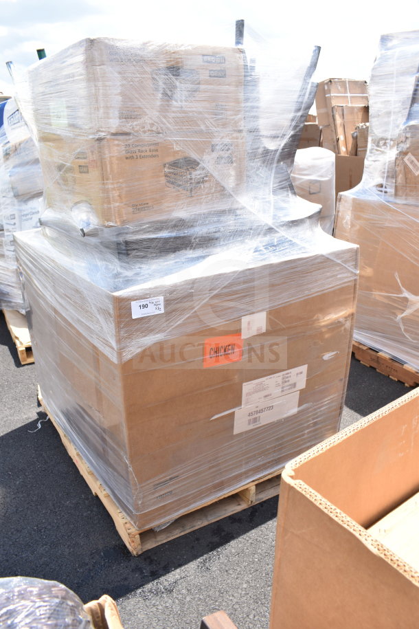 12 new scratch and dent items, including glass caddies, on pallets. Wrapped in plastic, tags and labels visible.