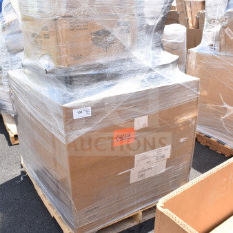12 new scratch and dent items, including glass caddies, on pallets. Wrapped in plastic, tags and labels visible.