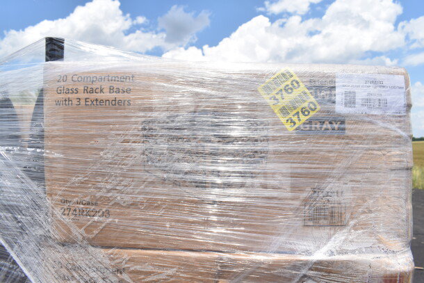 Shrink-wrapped pallet of 12 brand new scratch and dent items, including 20 compartment glass rack bases with extenders, labels visible.