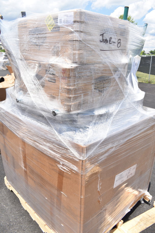 Pallet of 12 sealed boxes labeled "June-8," containing scratch and dent items, including glass caddies.