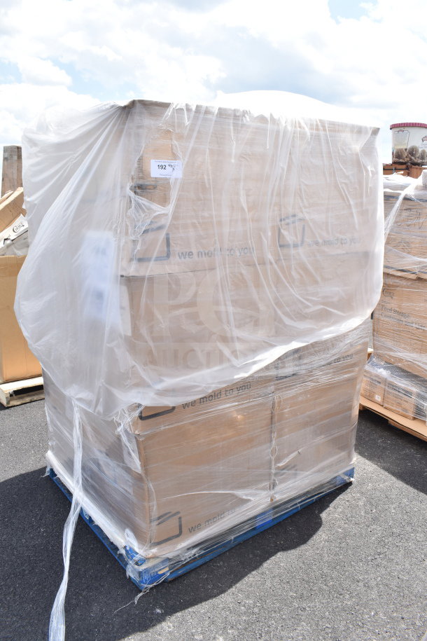 Stacked boxes of 32 oz white regular wall jars, shrink-wrapped on a pallet, labeled "we mold to you." New condition.