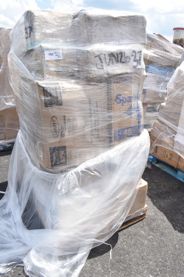 Palette-wrapped boxes of brand new scratch and dent items including bath tissue, trash can liners, cold cups. Marked JUN26-37.