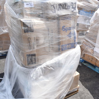 Palette-wrapped boxes of brand new scratch and dent items including bath tissue, trash can liners, cold cups. Marked JUN26-37.