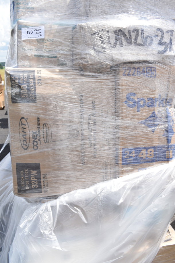 32 brand new scratch and dent items, including bath tissue, trash can liners, T-shirt bags, paper towels, and cold cups, wrapped on a pallet.