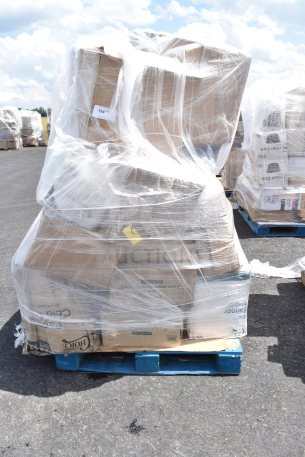 Pallet of 28 new scratch and dent items, including ice bin, portion cups, and containers, wrapped in plastic outdoors.