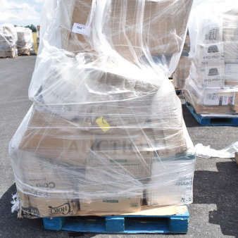 Pallet of 28 new scratch and dent items, including ice bin, portion cups, and containers, wrapped in plastic outdoors.