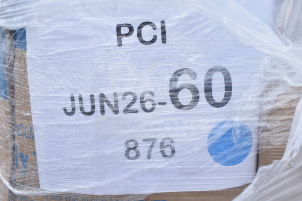 Plastic-wrapped pallet with a label showing "PCI JUN26-60 876," containing 28 new scratch-and-dent items like ice bins and containers.