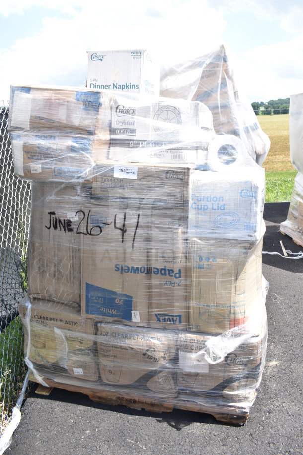 Pallet of 32 assorted scratch and dent items, including lids, towel rolls, containers, and butcher paper.
