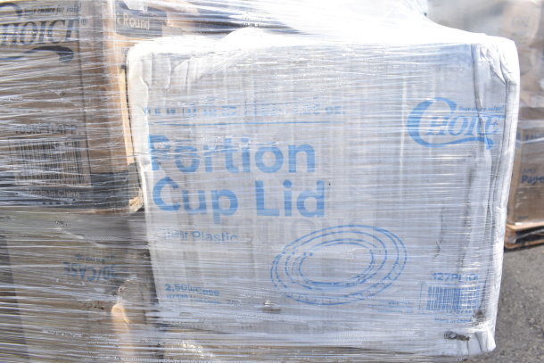 Packaged portion cup lids, Choice brand, in shrink-wrapped boxes. Labels indicate "Clear Plastic" and "Made in China."
