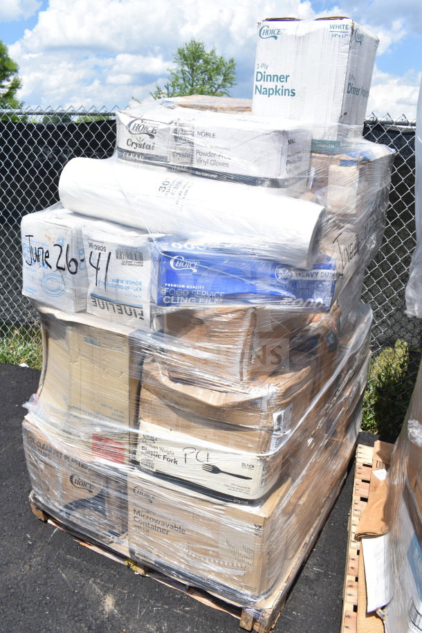 Pallet of 32 items, including lids, towel rolls, containers, and butcher paper. Brand new, scratch and dent condition.