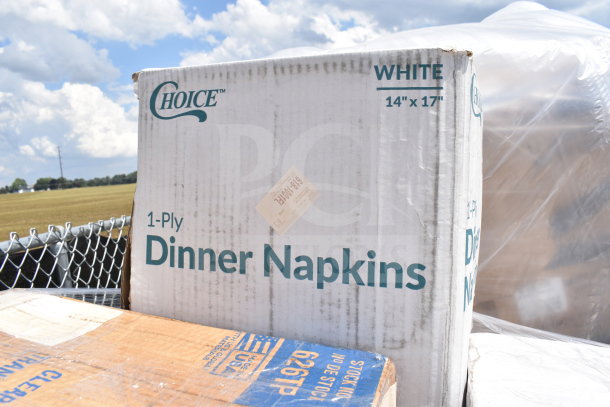 Box of Choice 1-Ply Dinner Napkins, white, 14"x17", new condition, minor box wear, includes assorted scratch and dent items.