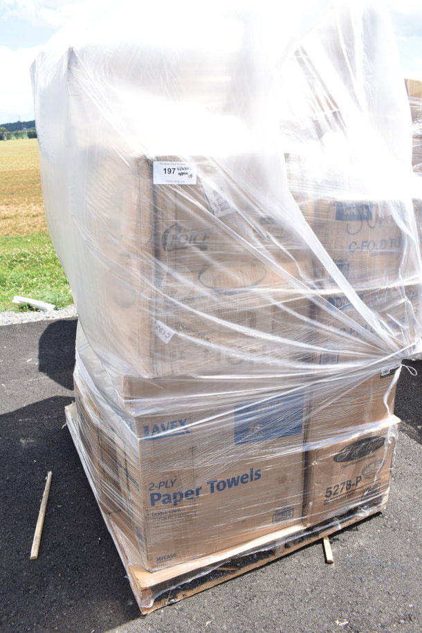 Pallet with 18 new scratch and dent items, including boxed paper towels. Wrapped in plastic. Auction tag "197" visible.