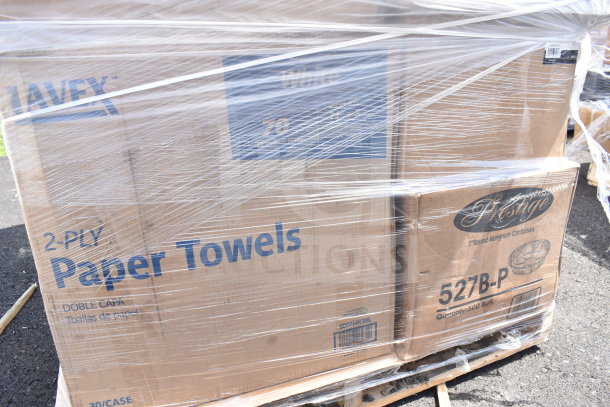 Plastic-wrapped pallets with boxes labeled "2-Ply Paper Towels" and "Prestige Aluminum Containers 500 Bulk," indicating mixed items.