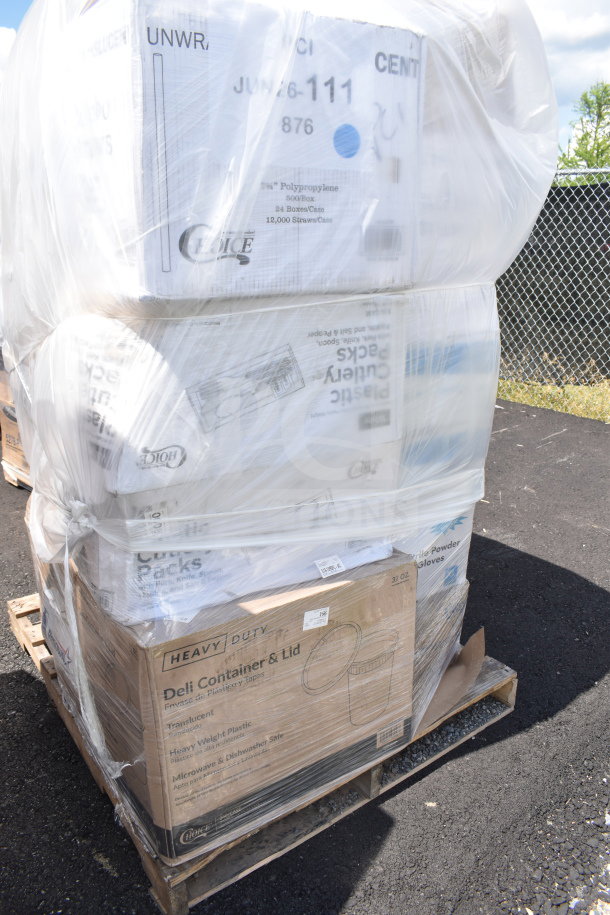 Boxes of new scratch and dent items including straws, gloves, containers, and napkins, wrapped on a pallet.