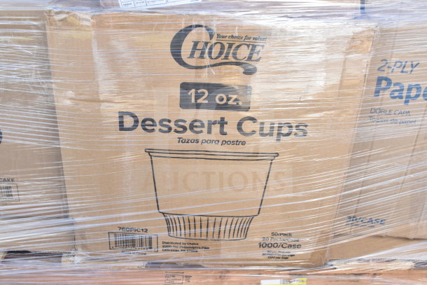 Box of Choice 12 oz dessert cups, 50 per pack, 1000 per case. Wrapped in plastic, scratch and dent condition.