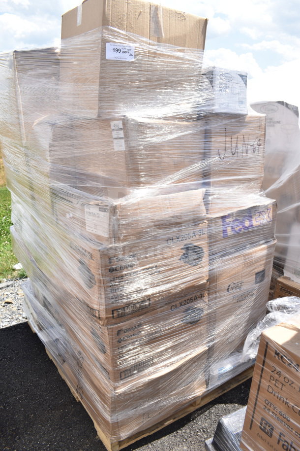 Pallet of 26 new scratch and dent items including ice bags, lids, meat trays, hoagie sandwich bags, wrapped in plastic.