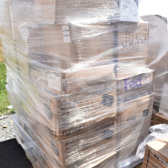 Pallet of 26 new scratch and dent items including ice bags, lids, meat trays, hoagie sandwich bags, wrapped in plastic.