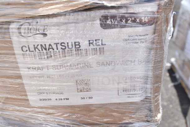 Box of 26 brand new scratch and dent items wrapped in plastic, including kraft submarine sandwich bags. Marked "Made in USA."