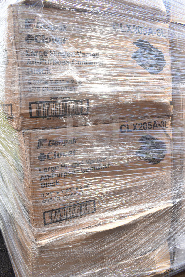 Shrink-wrapped pallet of Genpak Clover containers, marked "Large Hinged Vented," black, size 9.31" x 7.09" x 2.88".
