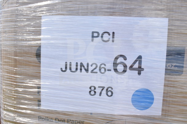 Pallet wrapped with label "PCI JUN26-64." Contains 26 new scratch and dent items: ice bags, lids, trays, hoagie bags.