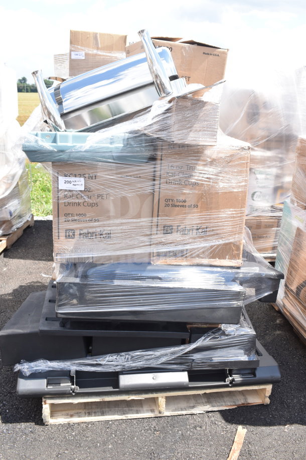 15 brand new scratch and dent items including Kal-Clear PET drink cups, boxed and wrapped on pallets.