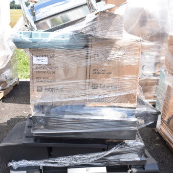 15 brand new scratch and dent items including Kal-Clear PET drink cups, boxed and wrapped on pallets.