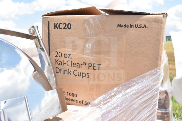 Box of 20 oz. Kal-Clear PET drink cups, KC20, made in U.S.A, contains 1,000 cups in sleeves of 50. Visible scratch and dent.