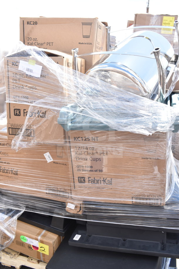 Boxes of Fabri-Kal Kal-Clear PET drink cups, 10-20 oz, wrapped in plastic. New scratch and dent items.
