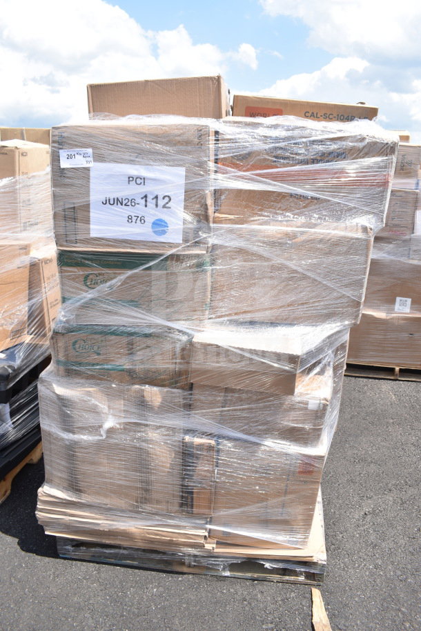 Pallet containing 34 scratch and dent items, including napkins and plastic cups, wrapped in plastic. Label: PCI JUN26-112.
