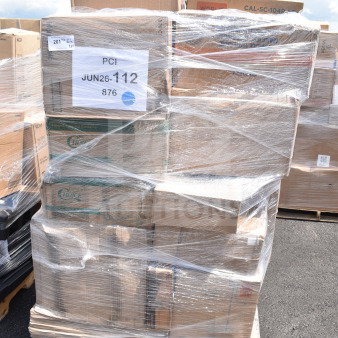 Pallet containing 34 scratch and dent items, including napkins and plastic cups, wrapped in plastic. Label: PCI JUN26-112.