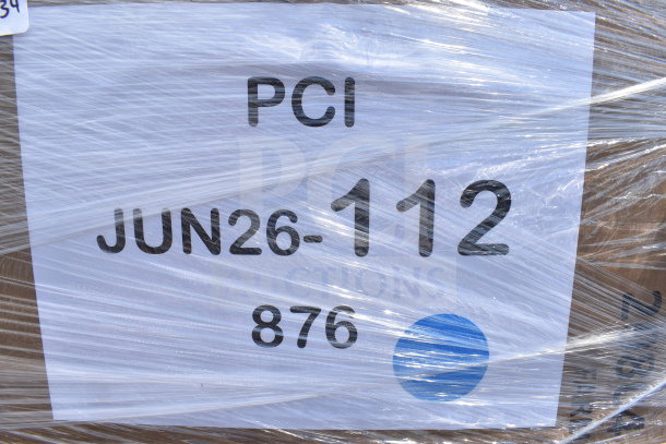Plastic-wrapped package labeled "PCI JUN26-112 876," indicating auction lot. Includes napkins, plastic cups, and containers.