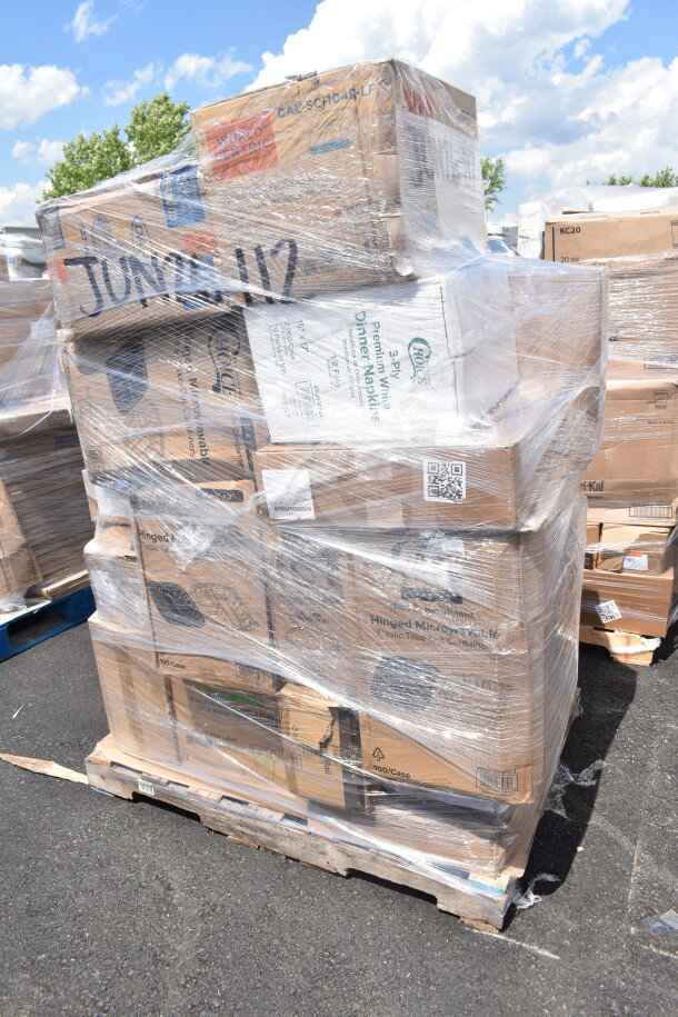 Pallet of 34 scratch and dent items including boxes of napkins, plastic cups, and take-out containers, wrapped in plastic.