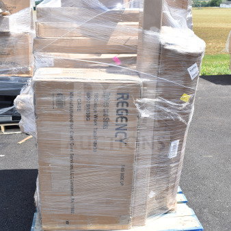 Pallet of 35 new scratch and dent items, including Regency work table boxes, wrapped in plastic, on a blue pallet.