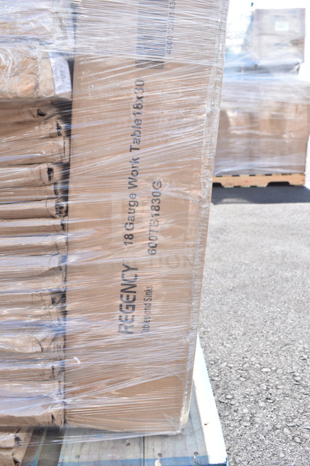 Regency 18-gauge work table in packaging, scratch and dent condition. Includes 35 items. Model 600TB1830G.