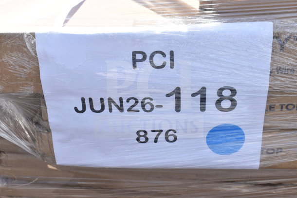 Pallet labeled "PCI JUN26-118 876" with 35 brand new scratch and dent items including easel pads and work table. Wrapped in plastic.