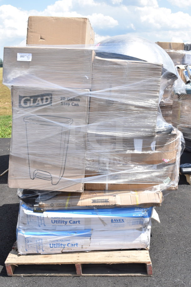 Brand new lot of 13 scratch and dent items, including utility cart, umbrella base, and stanchion on a pallet.