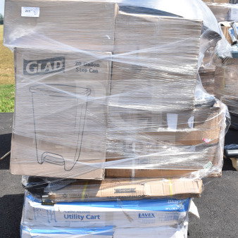Brand new lot of 13 scratch and dent items, including utility cart, umbrella base, and stanchion on a pallet.