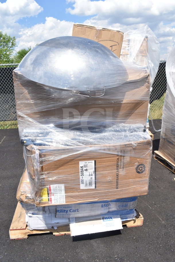 13 brand new scratch and dent items wrapped, including utility cart and umbrella base, on a pallet. Labels visible.