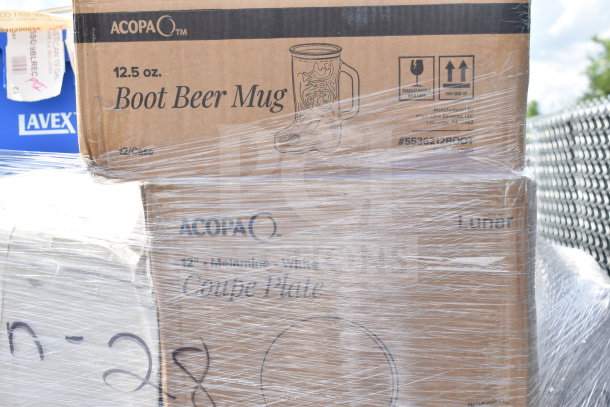 Boxes of Acopa 12.5 oz Boot Beer Mugs and 12" Melamine White Coupe Plates, wrapped in plastic. Brand new condition.