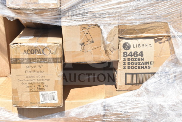 Boxes of Acopa flat plates and Libbey glasses stacked, wrapped in plastic, labeled with specifications and quantity.