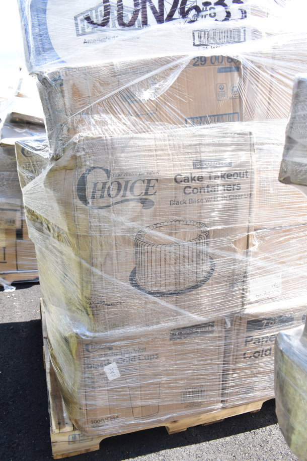 Pallet with 23 new scratch and dent items, including Choice cake takeout containers and paper cold cups, wrapped in plastic.