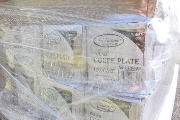 Plastic-wrapped pallet containing Visions Dinnerware Round Coupe Plates, 150 per case, model 347CRP6WH1, labeled "White 6"."