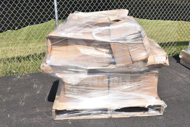 Pallet of 8 new scratch and dent items, including trash bags, steam table cover, sheet pan, wrapped in plastic.