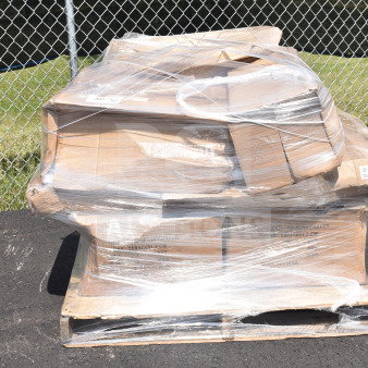 Pallet of 8 new scratch and dent items, including trash bags, steam table cover, sheet pan, wrapped in plastic.