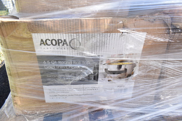 Acopa 6.5 Qt Round Roll Top Chafing Dish in box, gold trim, new, wrapped in plastic. Includes food pan, water pan, fuel holder.