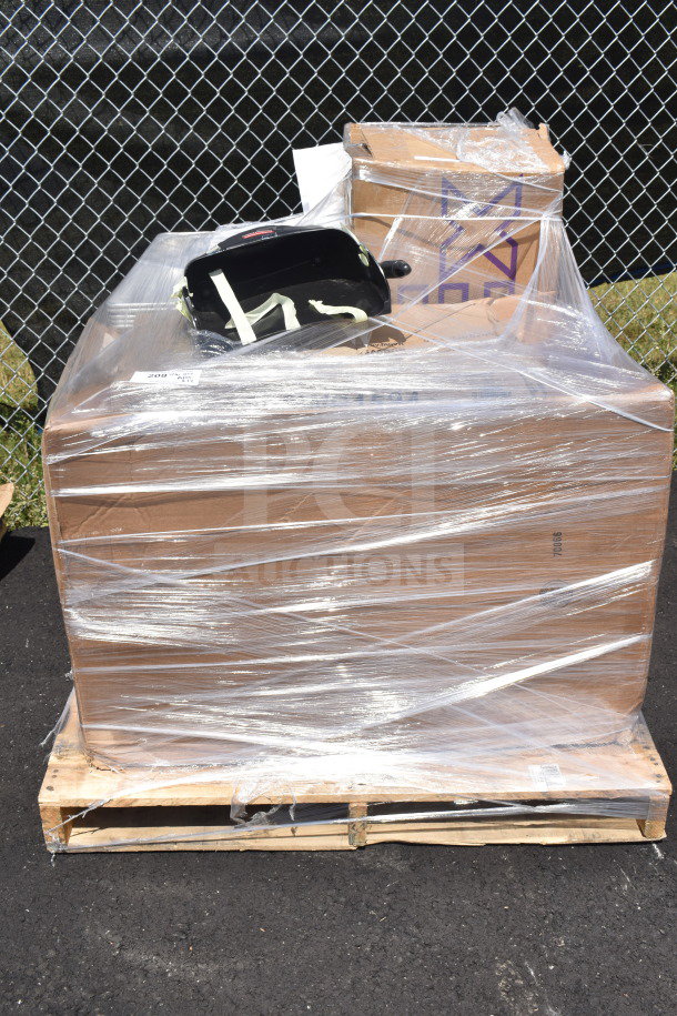 Pallet with 12 new scratch and dent items, including basket, cake display, wall shelf, wrapped in plastic. Perfect for resale.