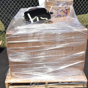 Pallet with 12 new scratch and dent items, including basket, cake display, wall shelf, wrapped in plastic. Perfect for resale.