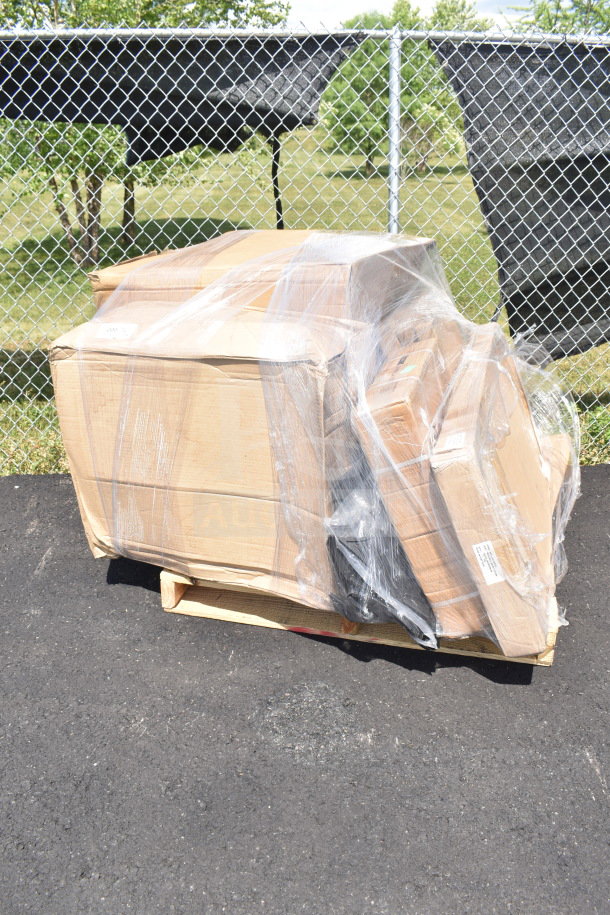 Packaged lot of 8 scratch and dent items, including an umbrella base, floor mat, and sink. Brand new, wrapped on a pallet.
